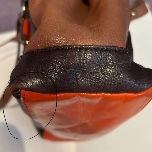 - La Diva Patent  Leather Orange Brown Color Block Handbag, The East/West … - Picture 15 of 17